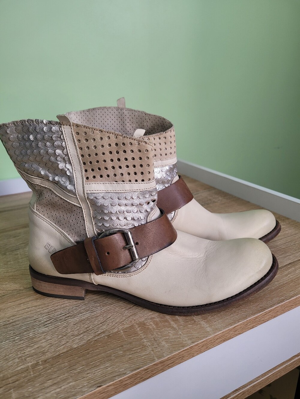 Bunker Ankle Boots 40 Leather Moto Pull On Boho Chunky Slouchy Buckle